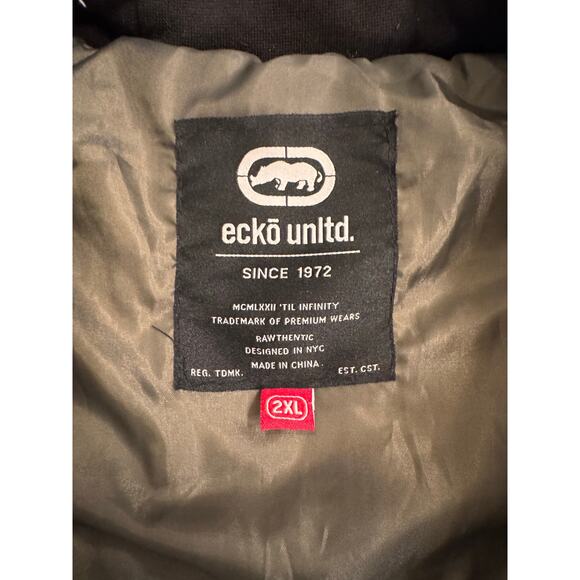 Men's Ecko Unltd Hooded Puffer Vest Full Zip Camouflage Logo Size 2XL Green - Picture 6 of 11